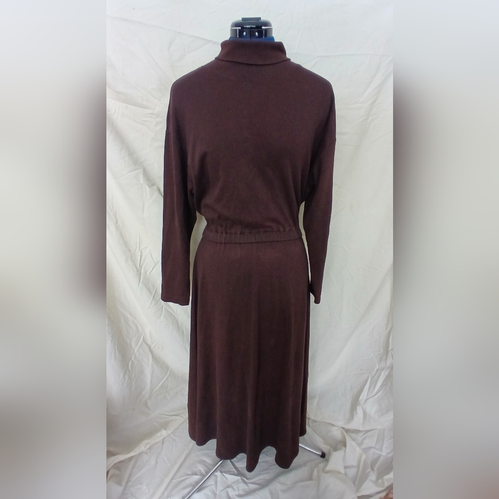 Vintage Fads Chocolate Brown Cotton Knit Midi Turtleneck Dress - Picture 10 of 10